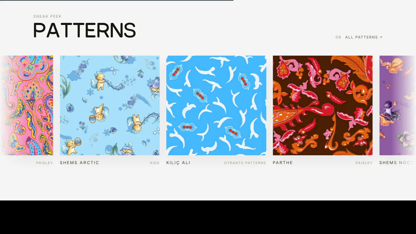 The patterns: a row of printed textile designs under the heading “Patterns”.