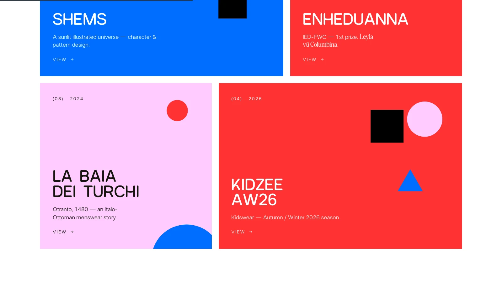 The projects: Shems, Enheduanna, La Baia dei Turchi and Kidzee as blue, red and pink blocks.