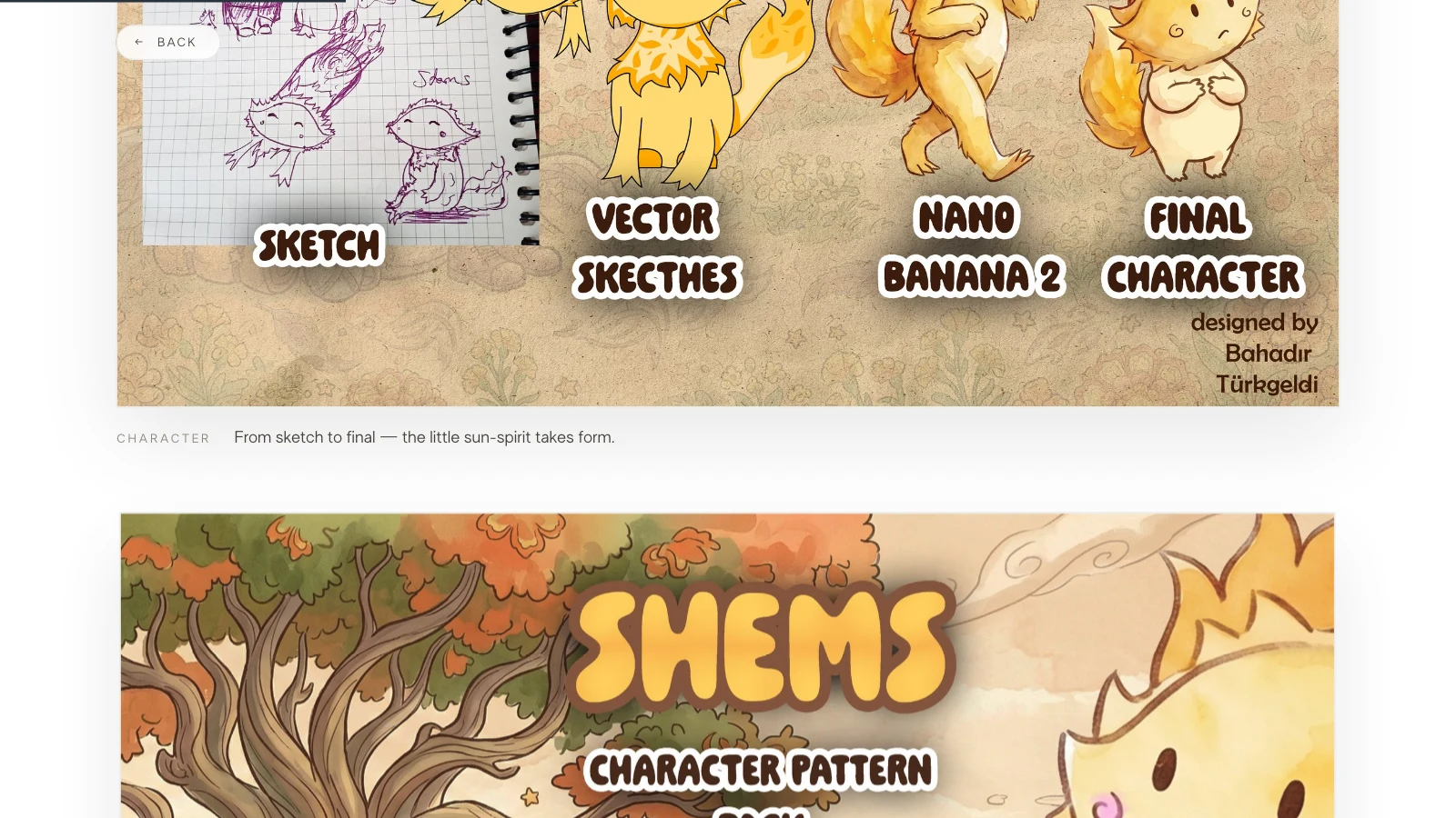 The Shems page: a character from pencil sketch to vector to final drawing.