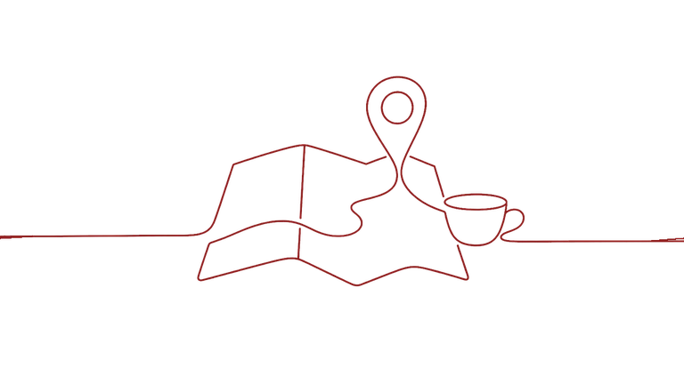 A map, a pin and a cup, drawn in one line.