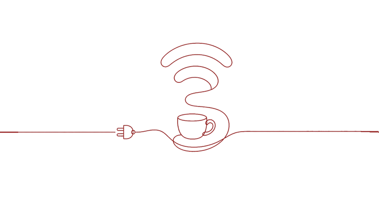 Wi-Fi, a plug and a cup, drawn in one line.