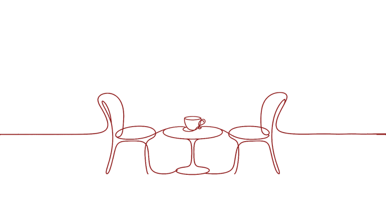 Two chairs at a café table, drawn in one line.