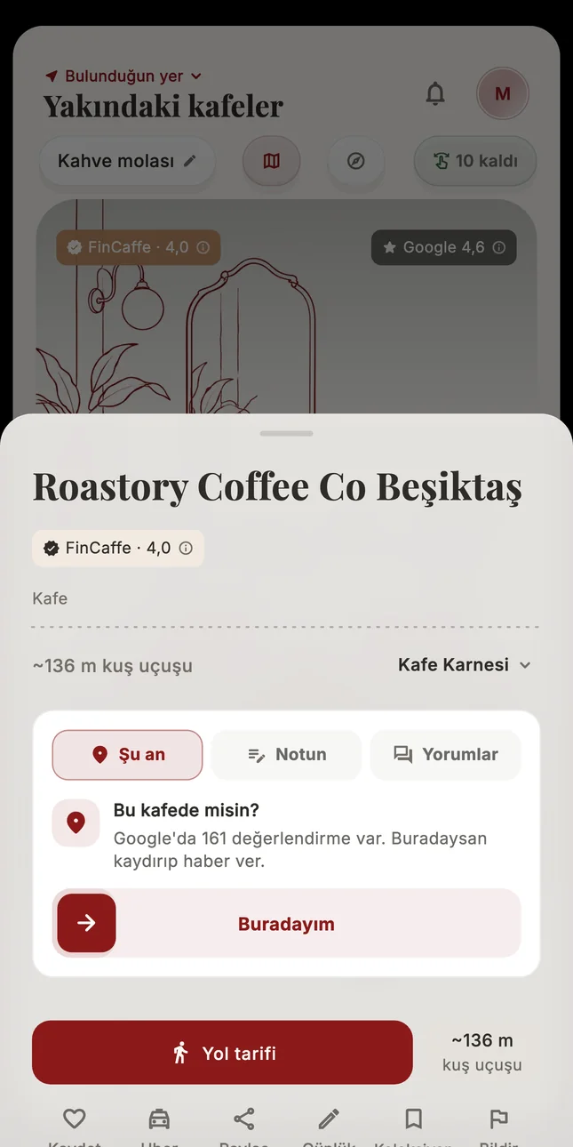The café’s sheet: “At this cafe?”, and the way there.
