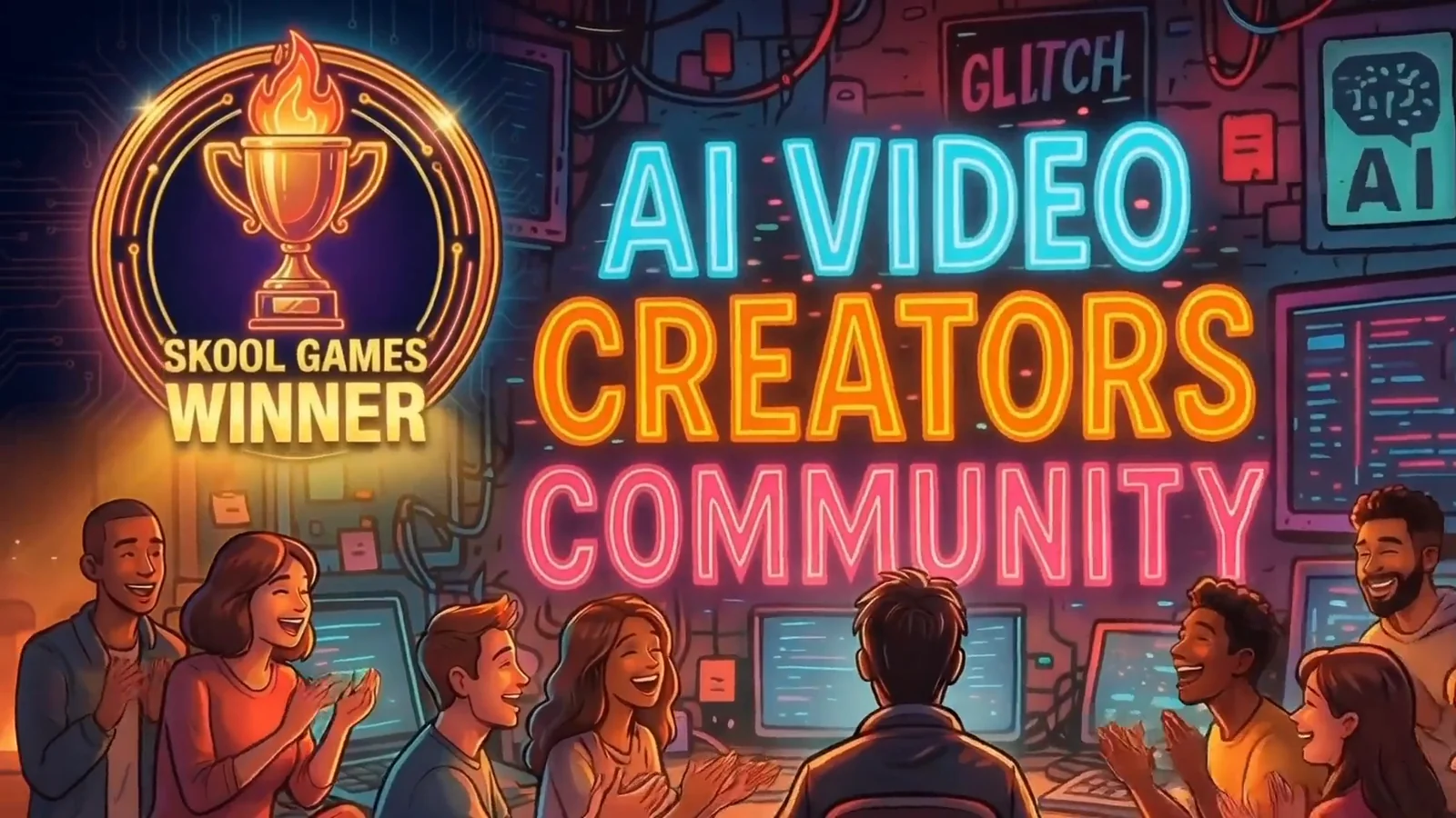 The film’s title card: “AI Video Creators Community” in neon.