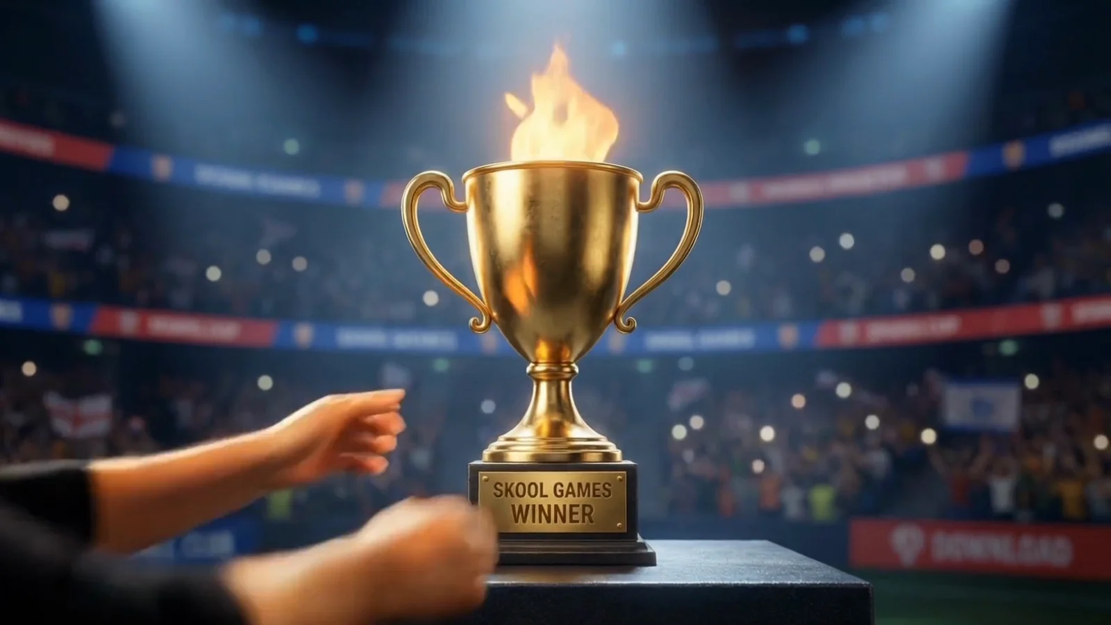 A hand reaching for a trophy marked “Skool Games Winner”.