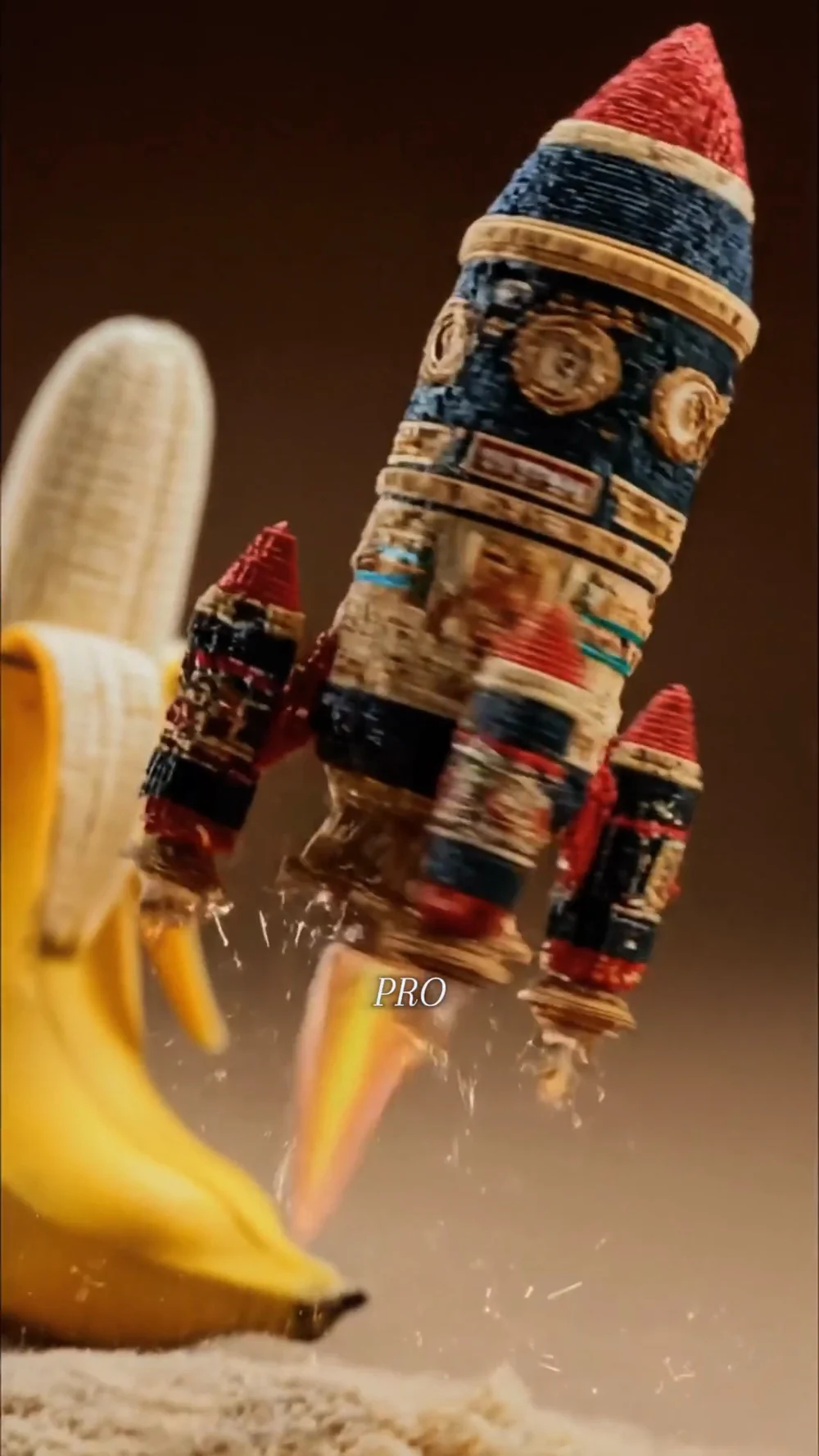 A knitted rocket lifting off beside a banana.