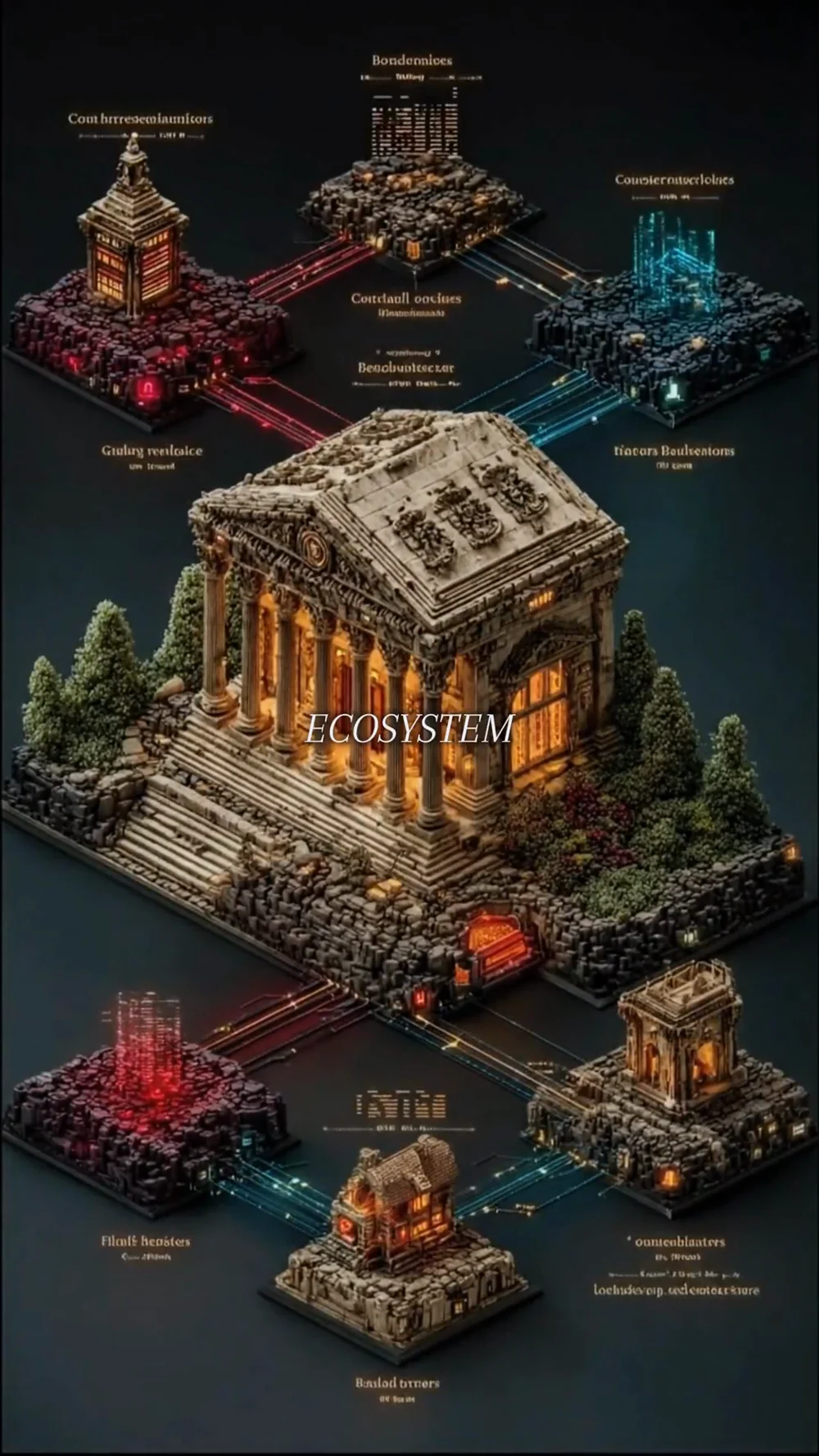 A stitched map of temples and workshops, joined by threads.