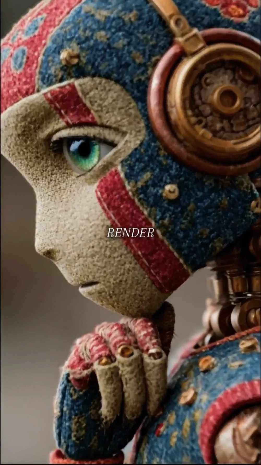 A figure in a stitched helmet and headphones.