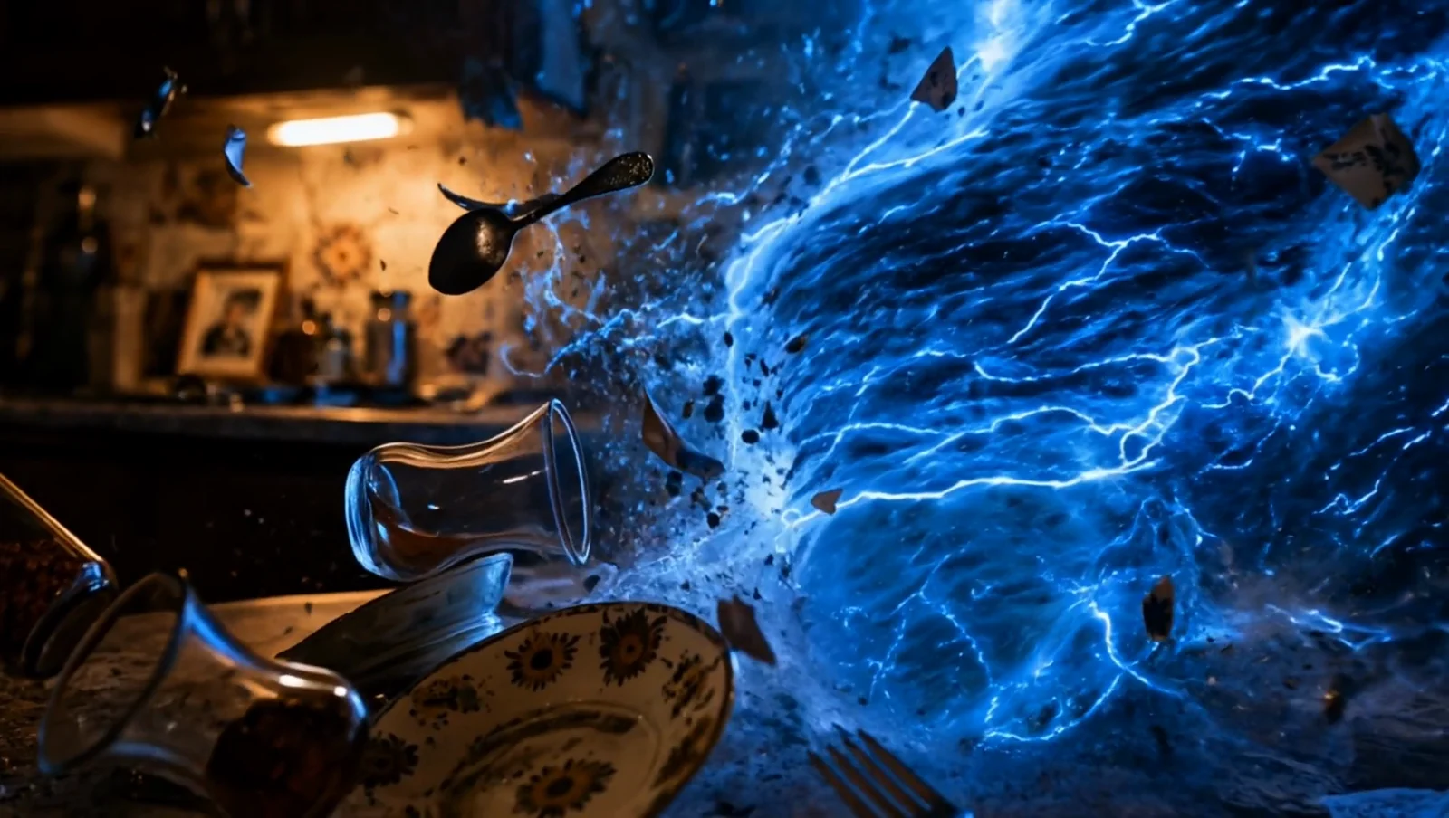 The blue digital whirlpool filling the room.