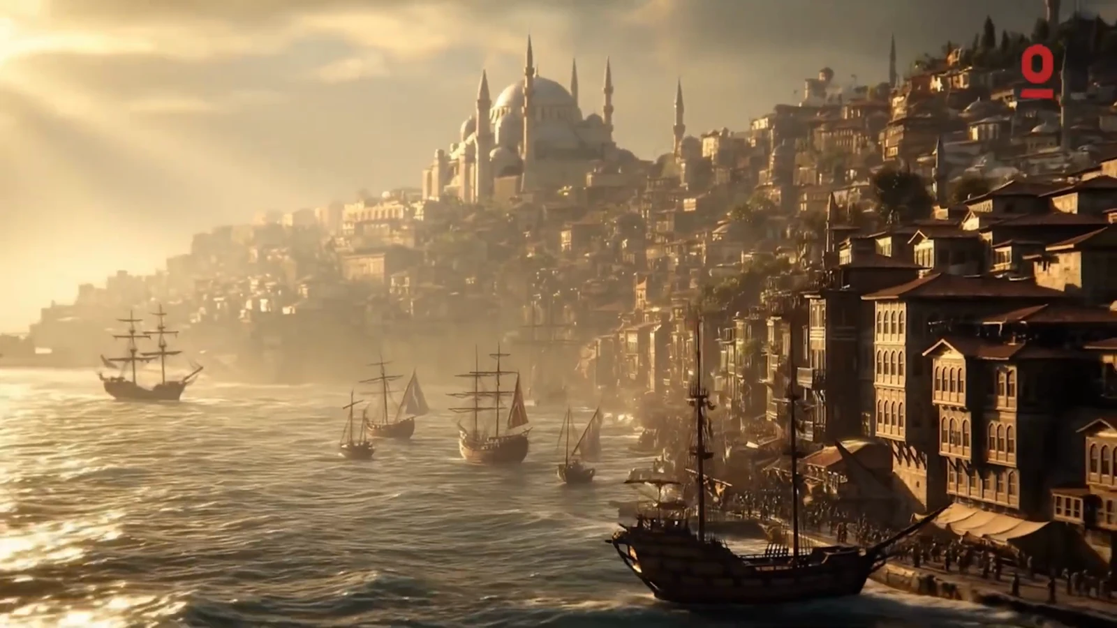 Boats on Istanbul’s waterfront in the warm evening light.
