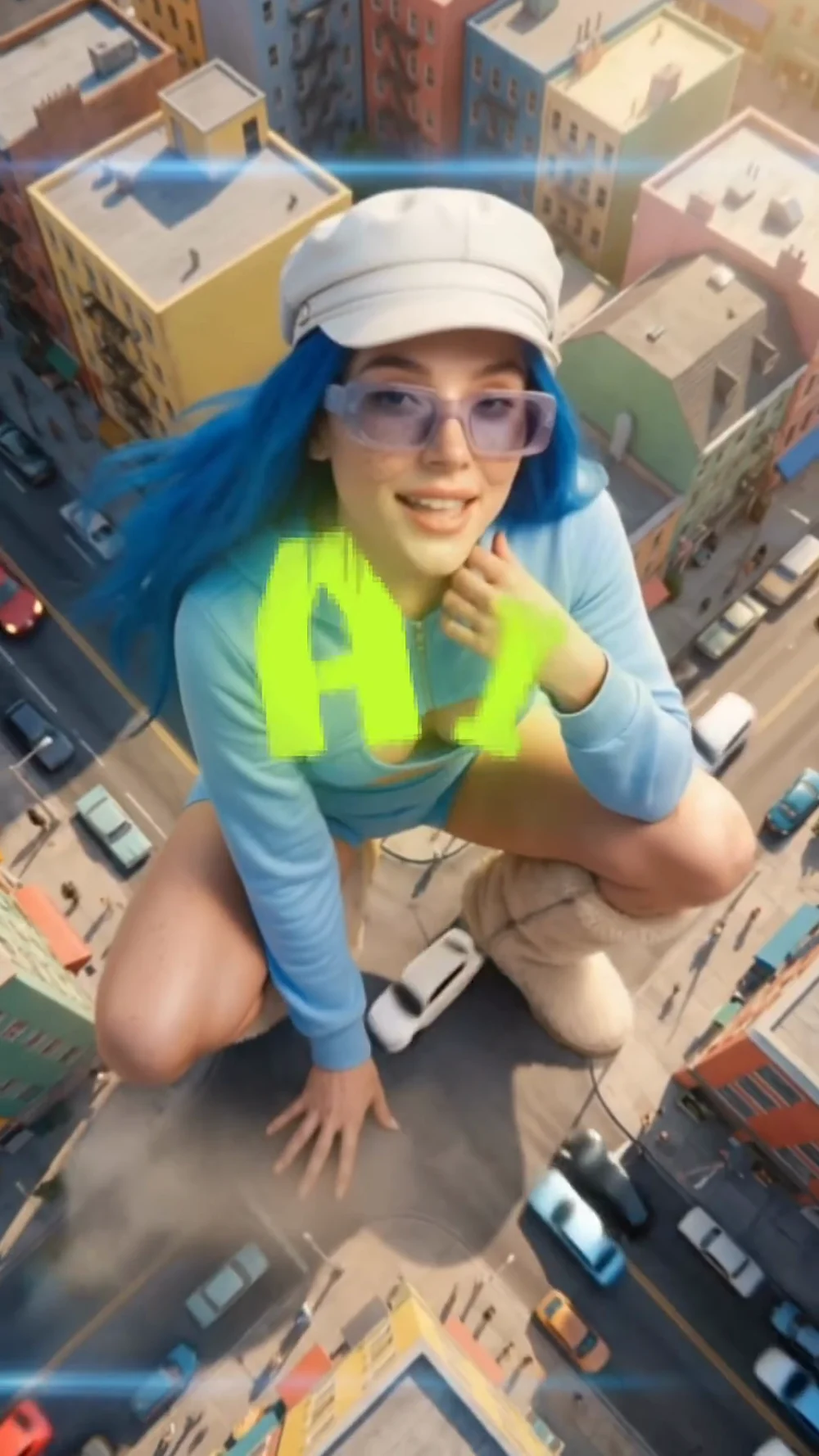 The blue-haired character crouching between city blocks.