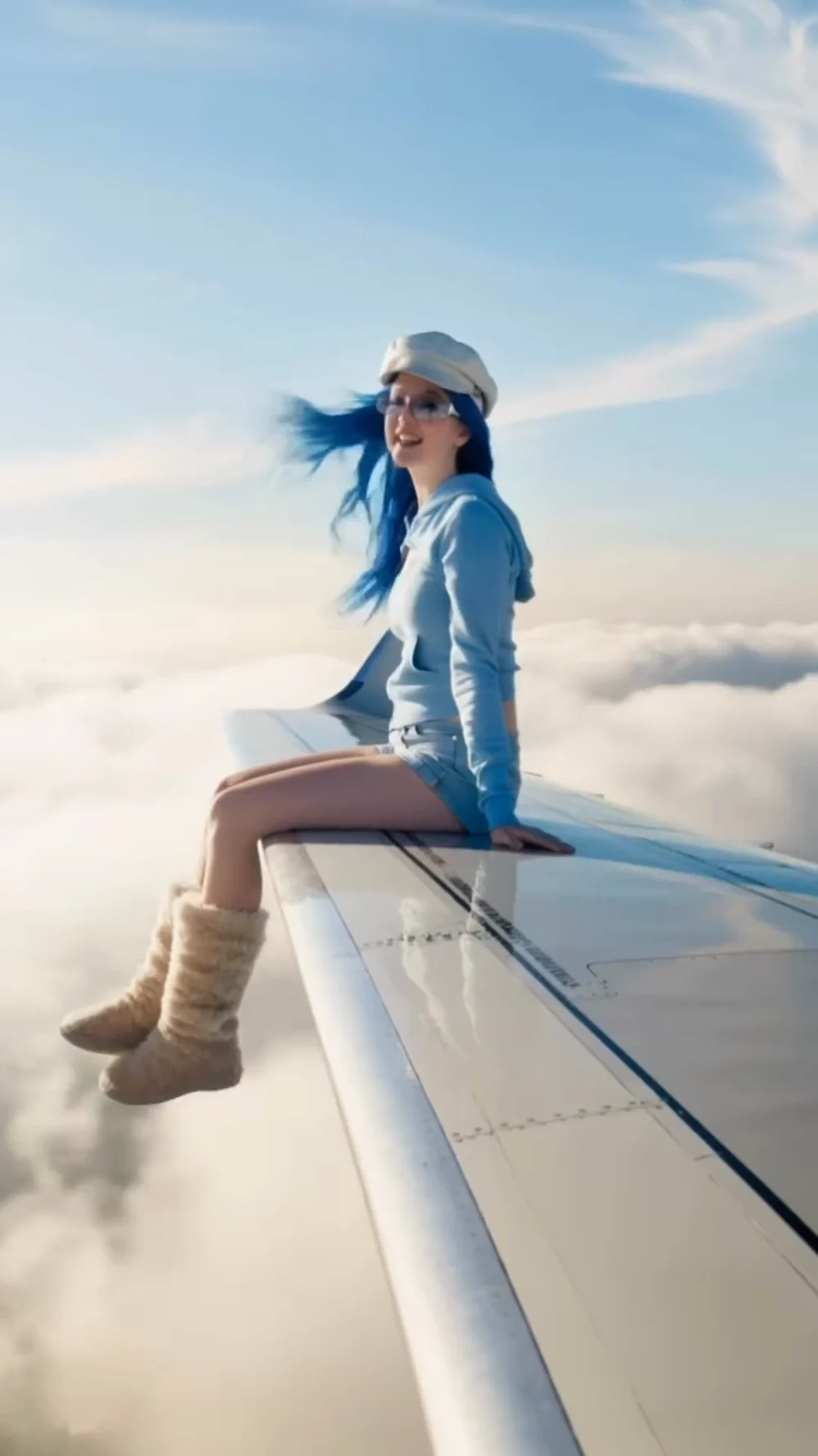 The same character on a plane wing above the clouds.