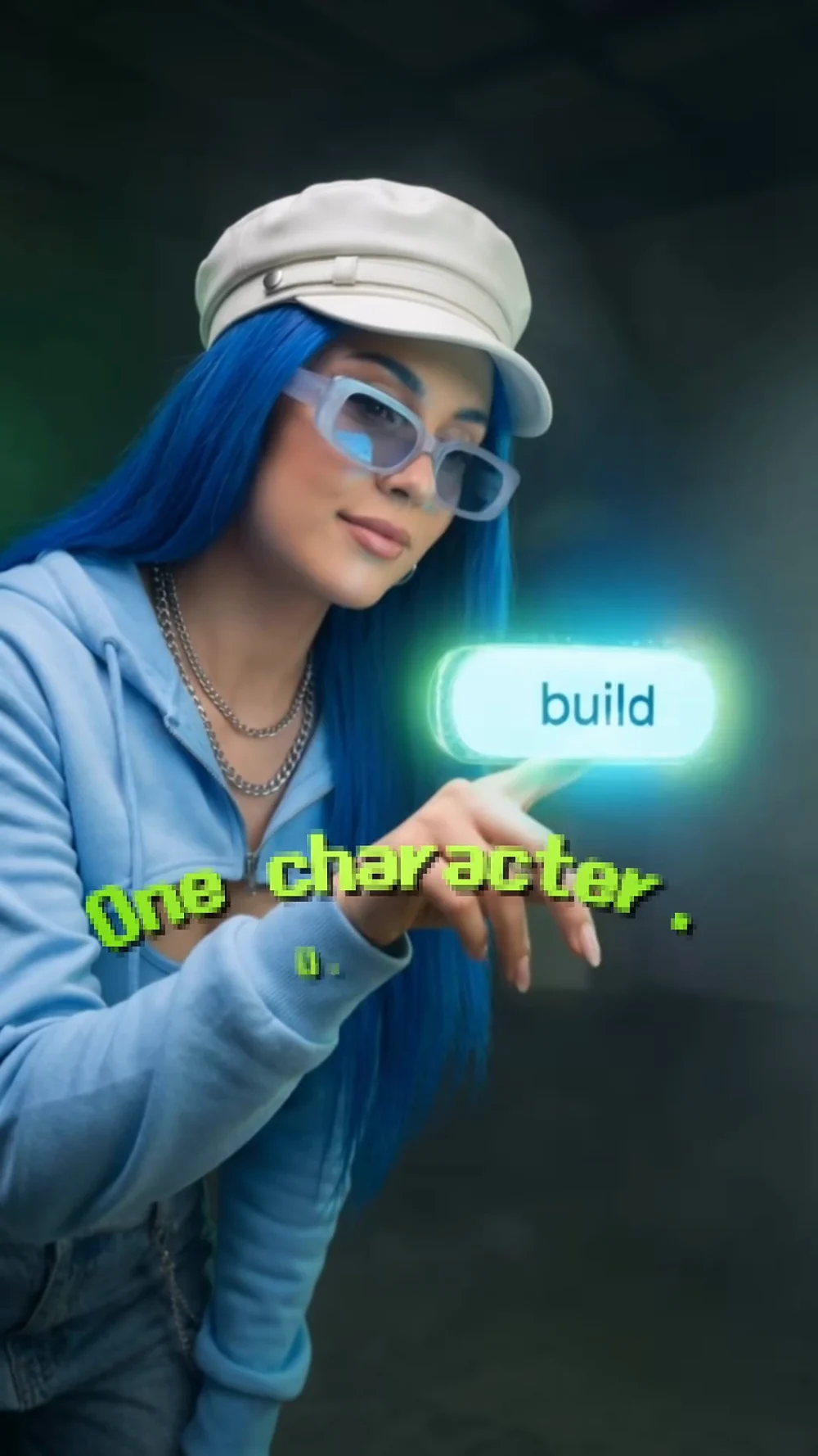 She presses a button marked “build”, under the words “One character.”