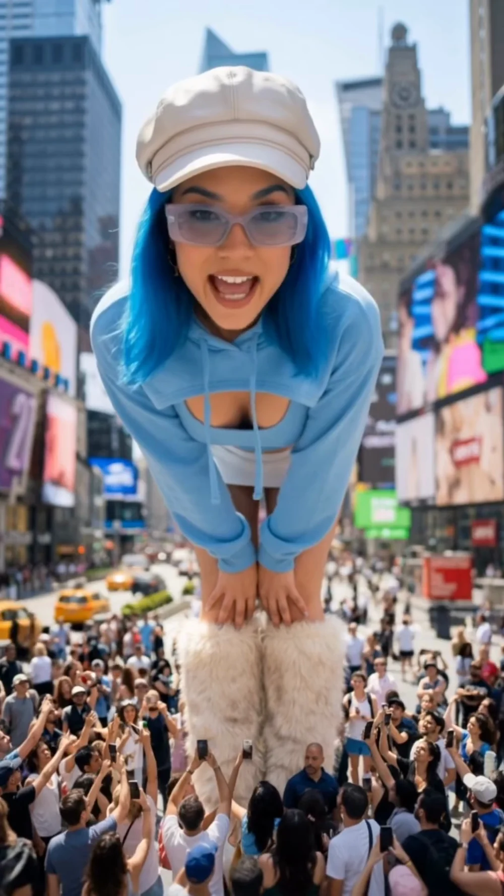 She leans over a crowd in Times Square.
