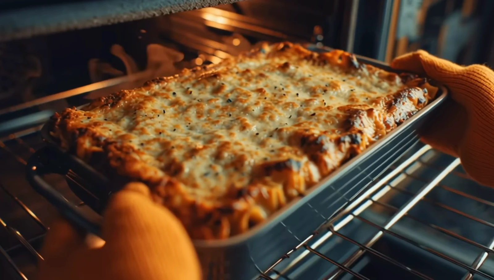 A tray of pasta coming out of the oven.