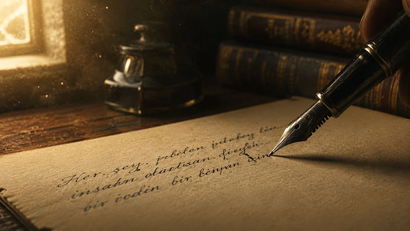 A pen, manuscript and books in the warm light.