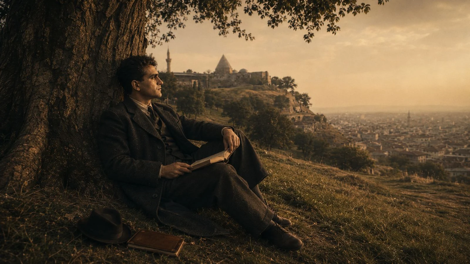 A figure reading in the shade of a tree.