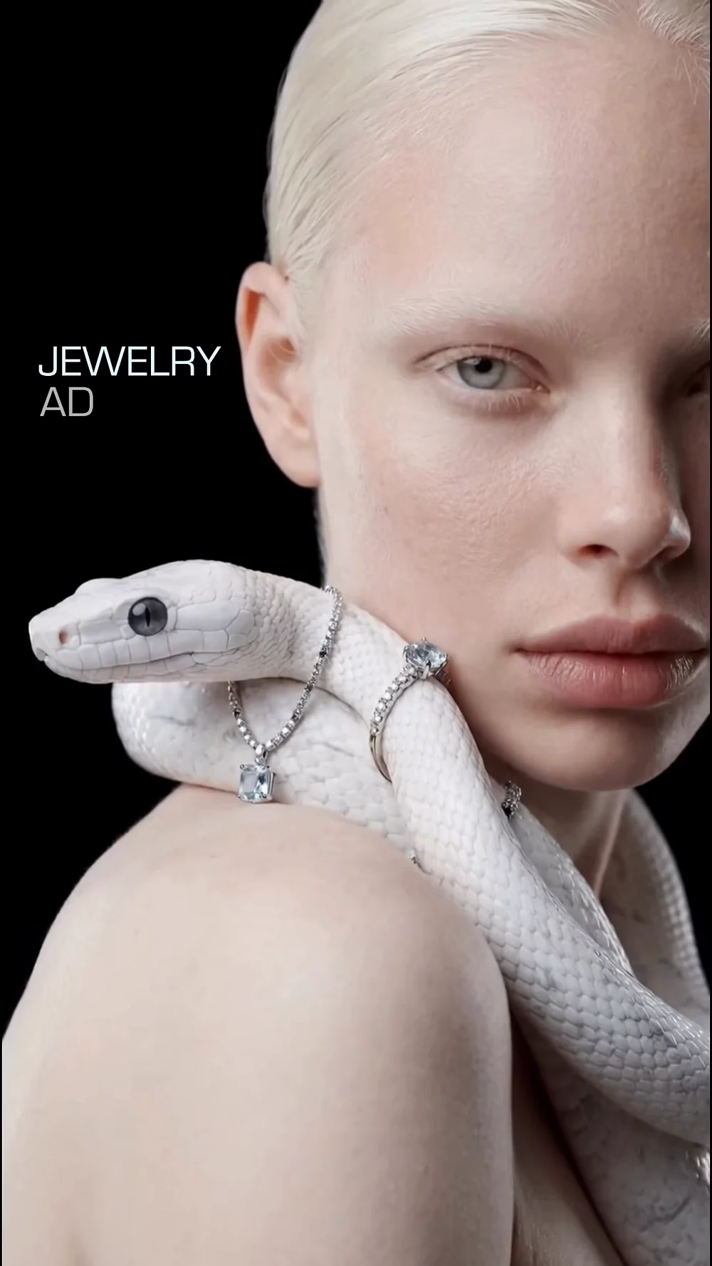 A white snake wearing jewellery rests on the model’s shoulder.