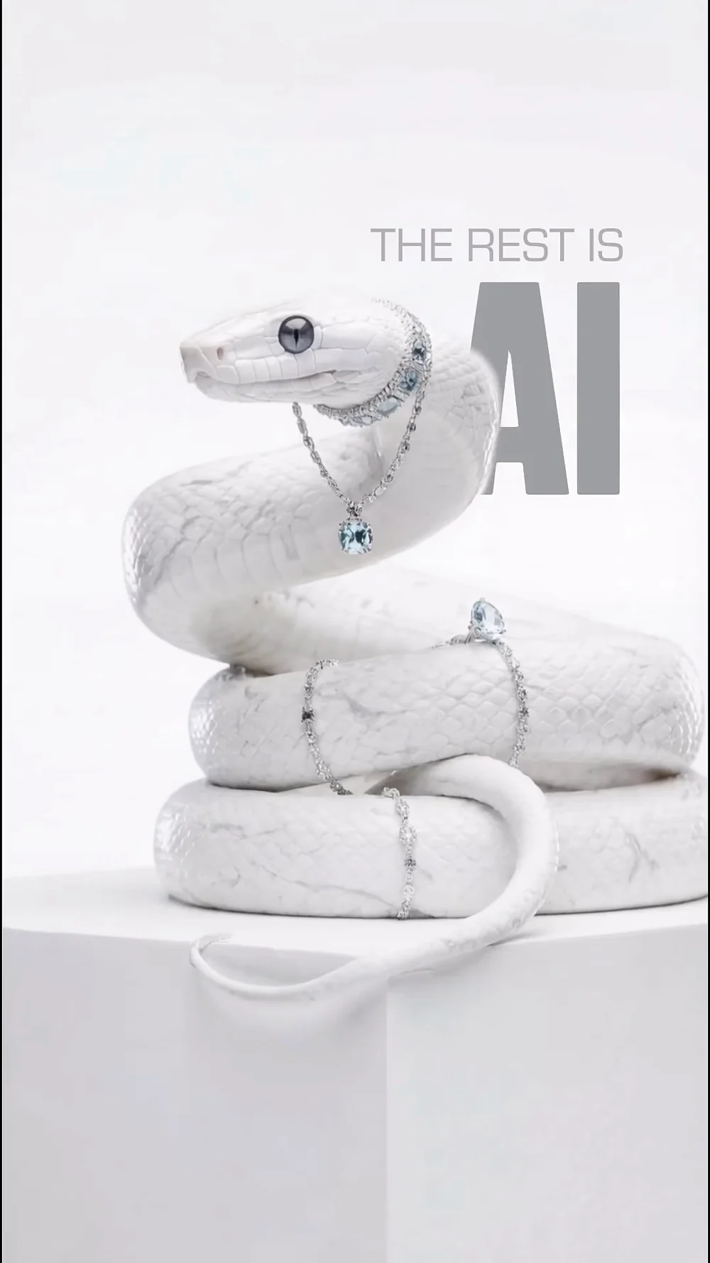 The white snake on a plinth, under the words “The rest is AI.”