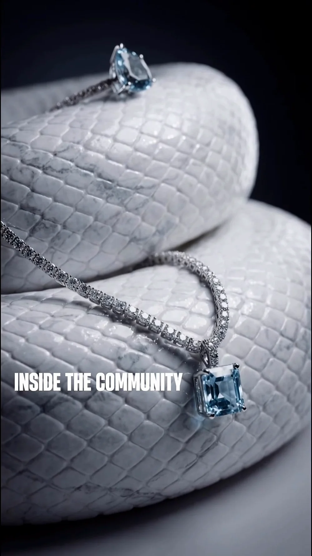 A blue stone on a chain across the snake’s coils.