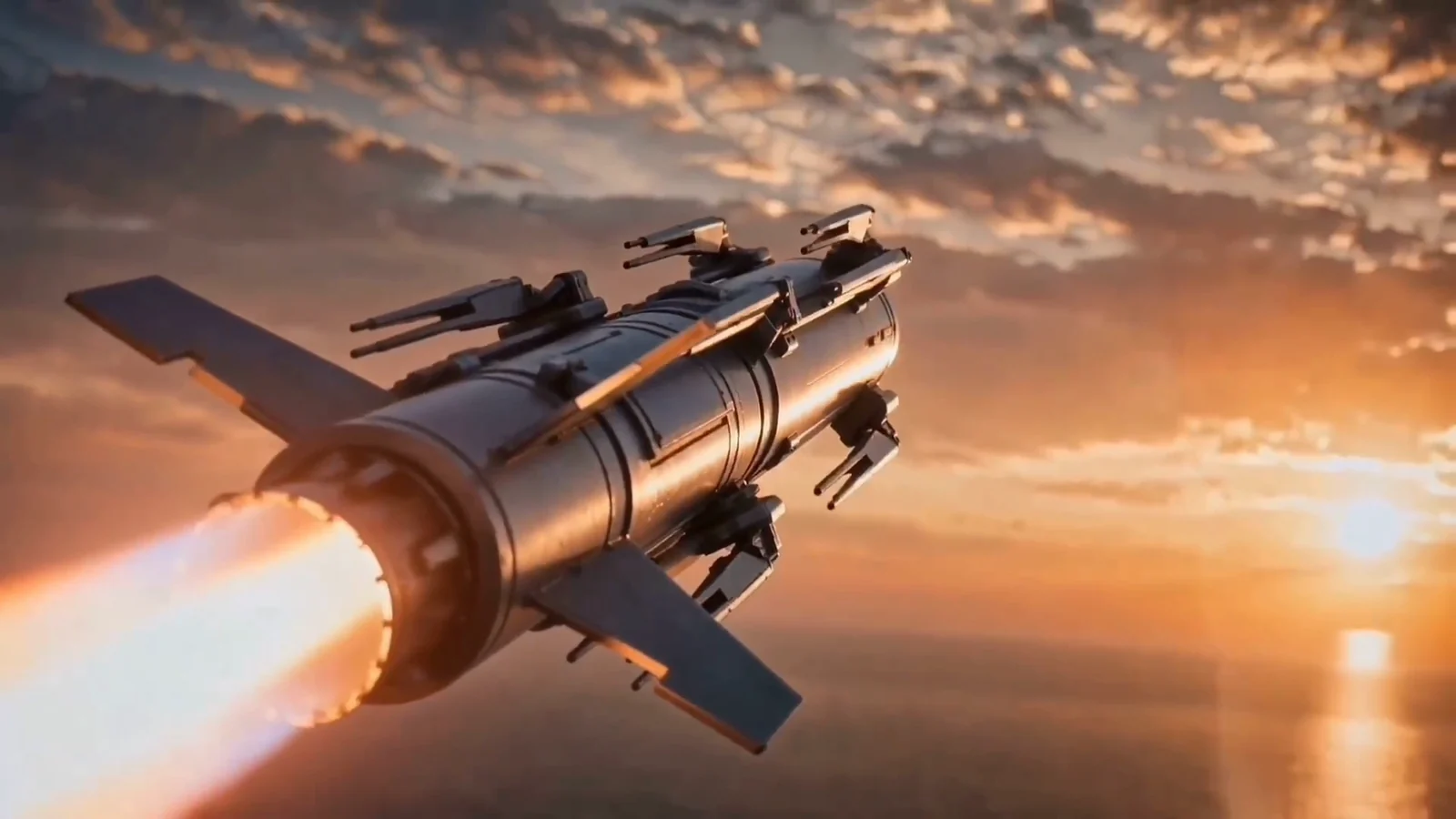 A missile in flight in the evening light.