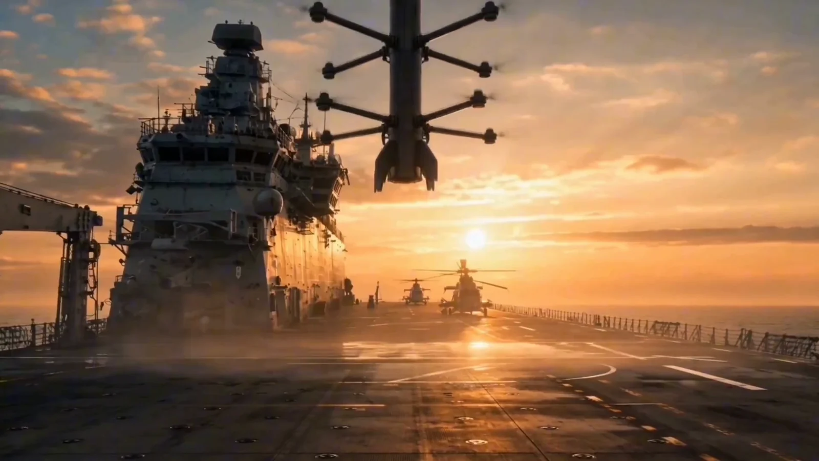 A helicopter above a ship at sea.