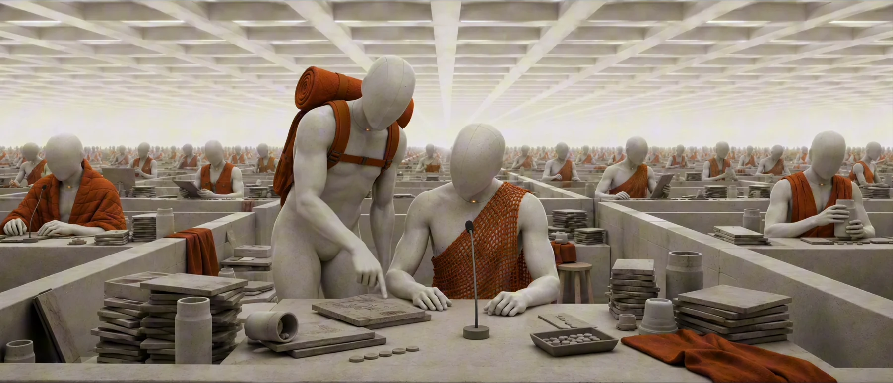 A hall of faceless companions at work.