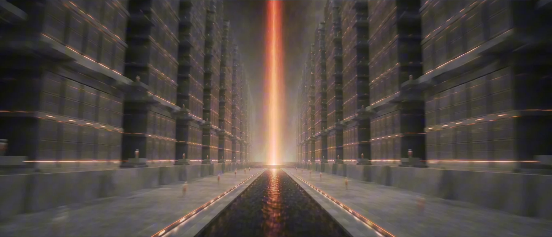 A line of red light between the archive shelves.